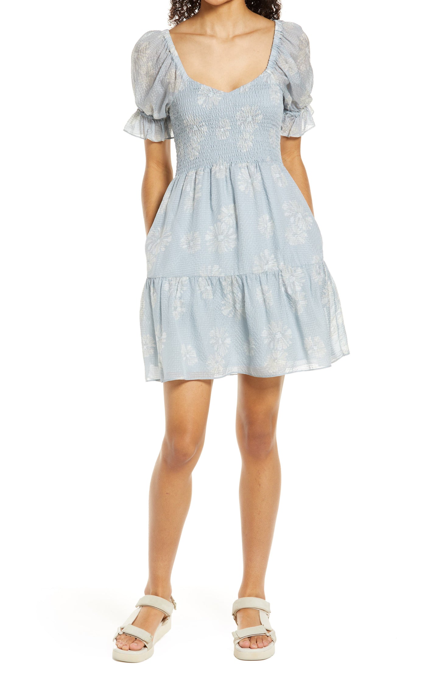 Madewell Blue Floral Eyelet Smocked Mini Dress - Large