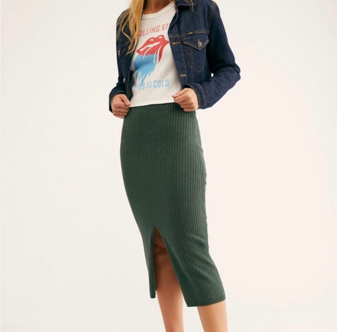 Free People Skyline Midi Green Ribbed Skirt - Small