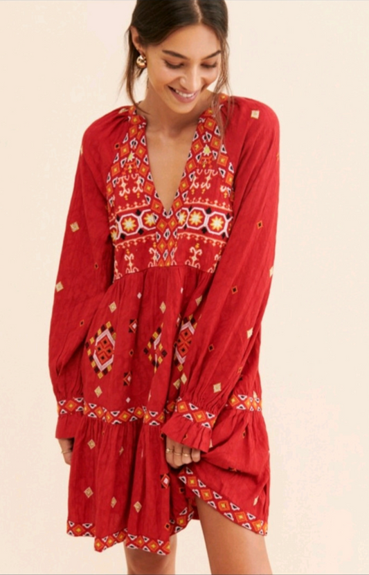 Anthropologie NWT Red Embroidered Bay Doll Dress - Small