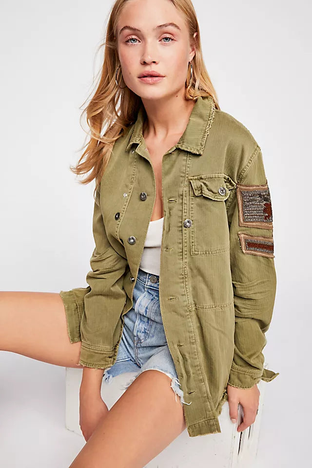 Free People Green Military Beaded Jacket - XS