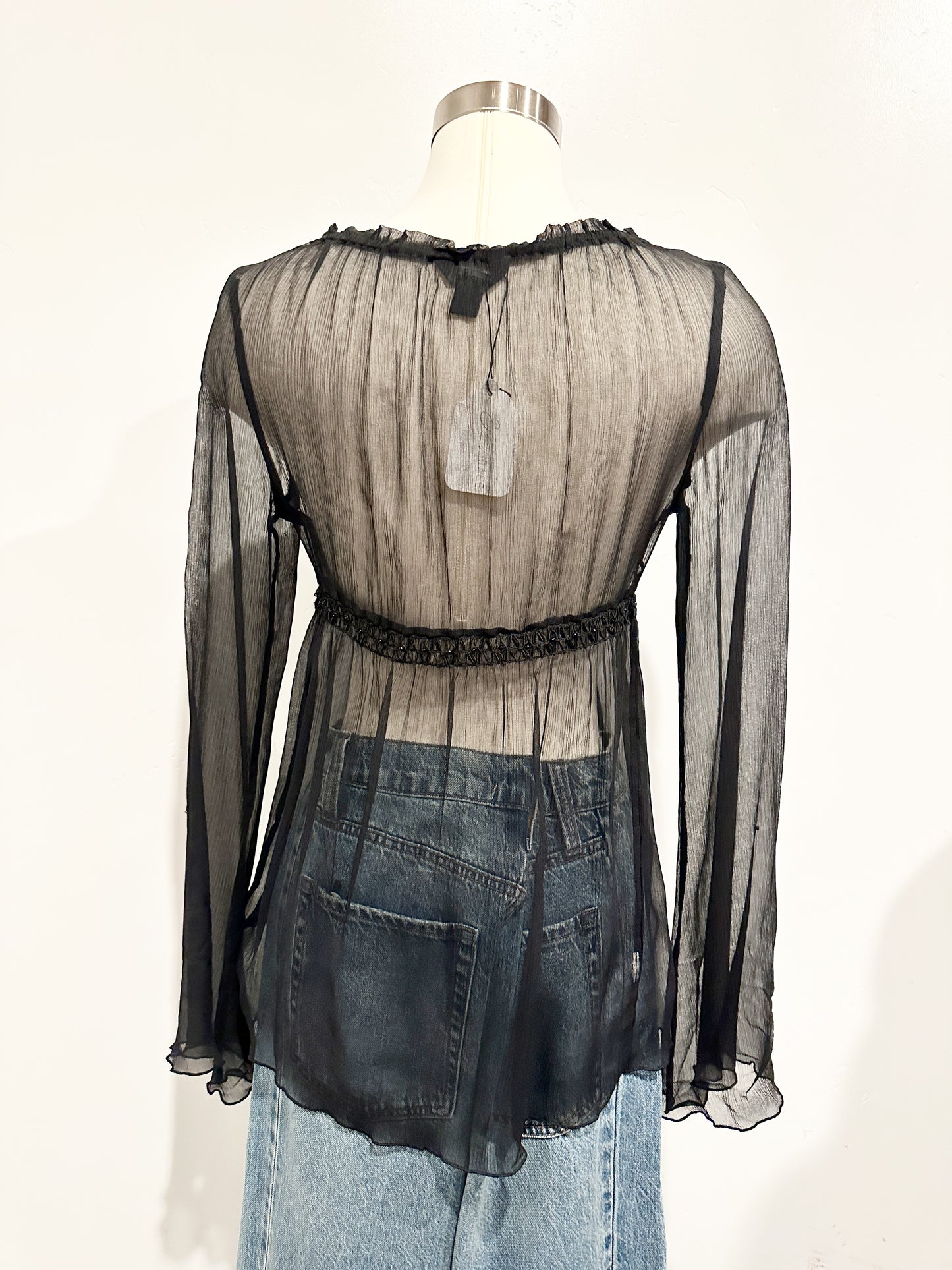 Express Y2K Black Sheer Beaded Flare Sleeve Blouse - XS