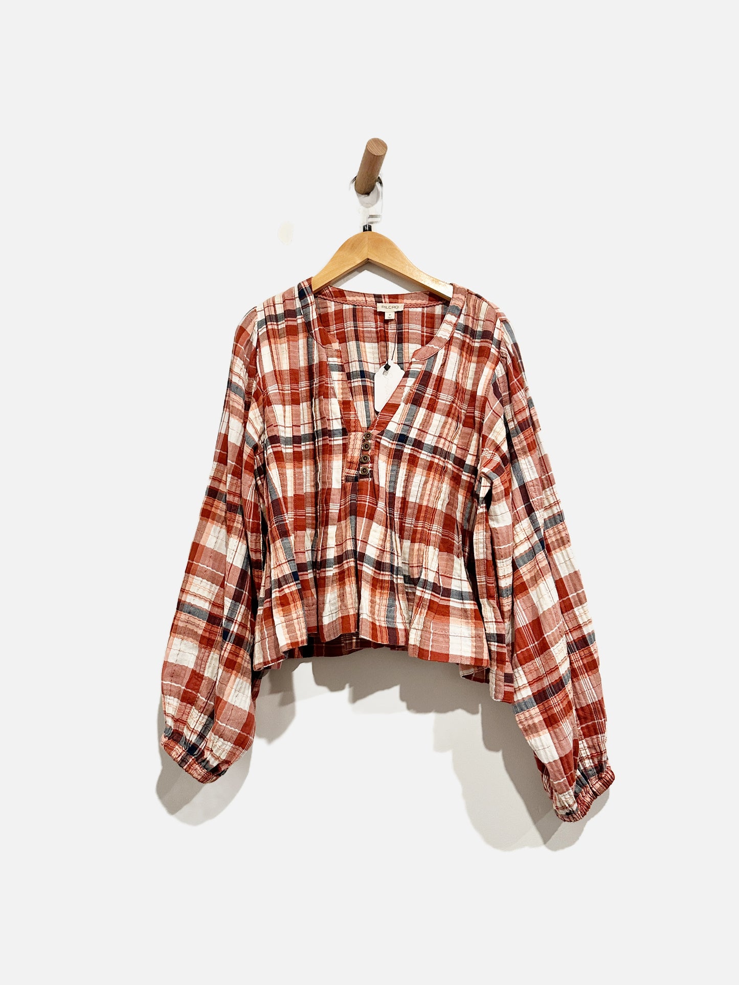 Anthropologie Pilcro Red Plaid Button Front Blouse - Medium