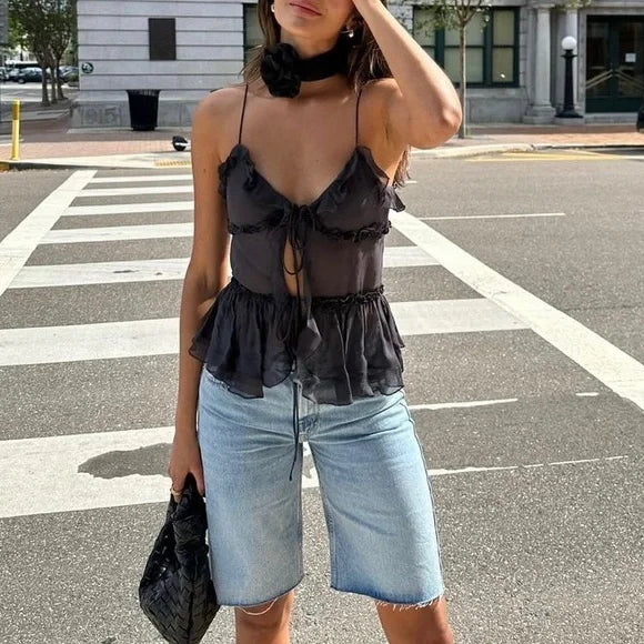 Zara Gray Ruffle Tie Front Tank - Medium