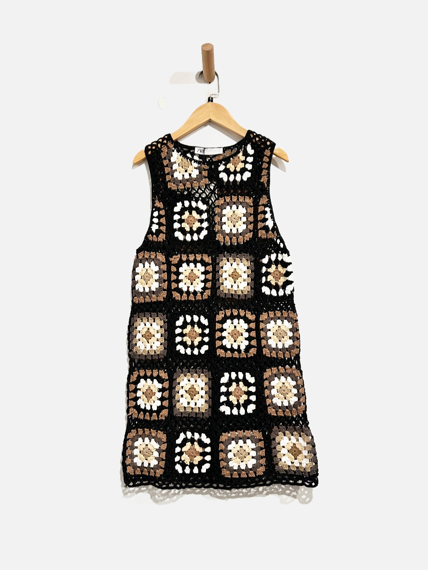 Zara Black Crochet Granny Squares Dress - Small