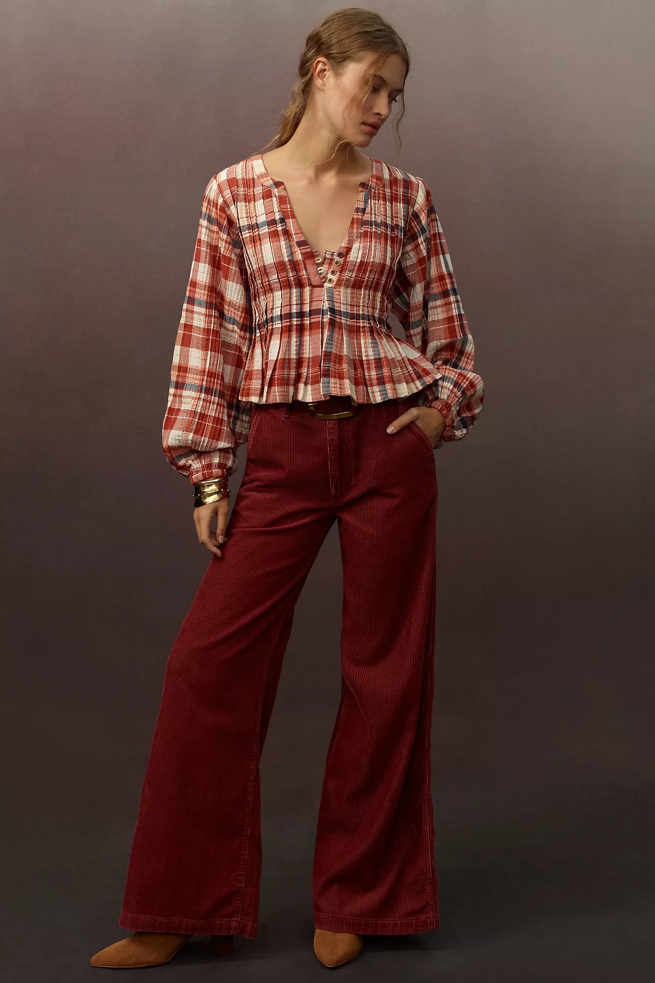 Anthropologie Pilcro Red Plaid Button Front Blouse - Medium