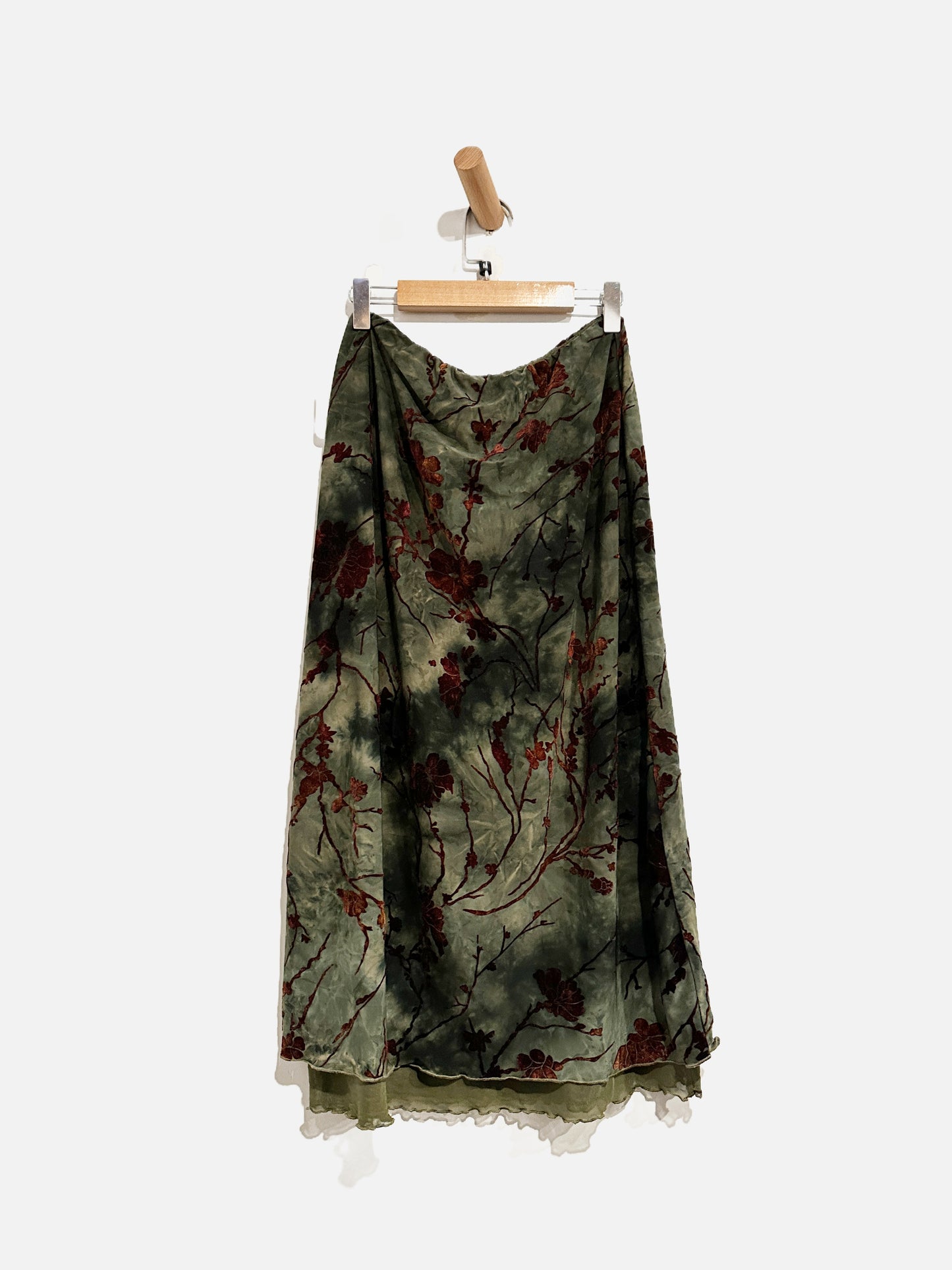 Green Tie Dye Brown Floral Velvet Midi Skirt - Medium