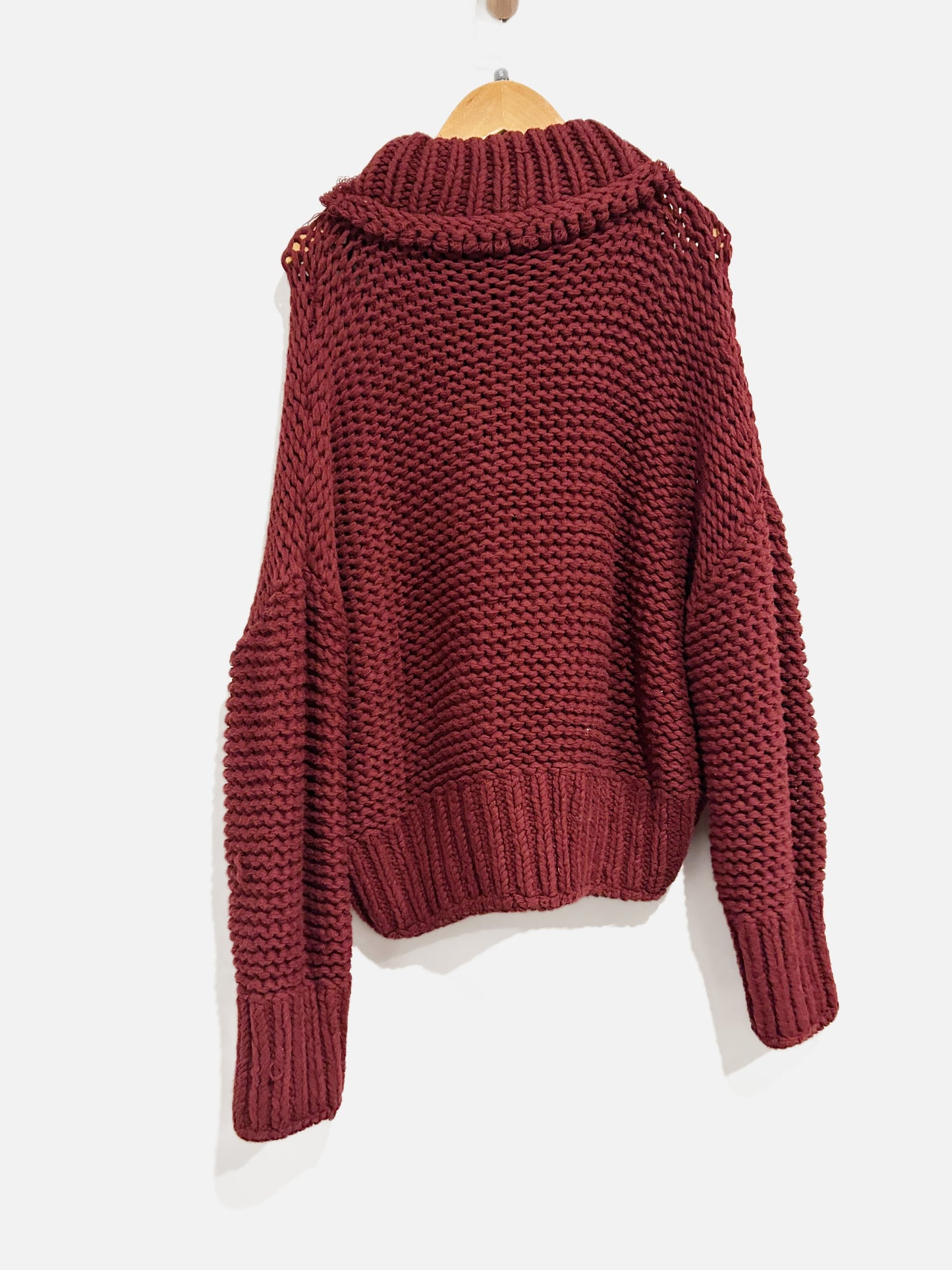Free People Maroon Chunky Cable Knit Mock Neck Sweater - Small