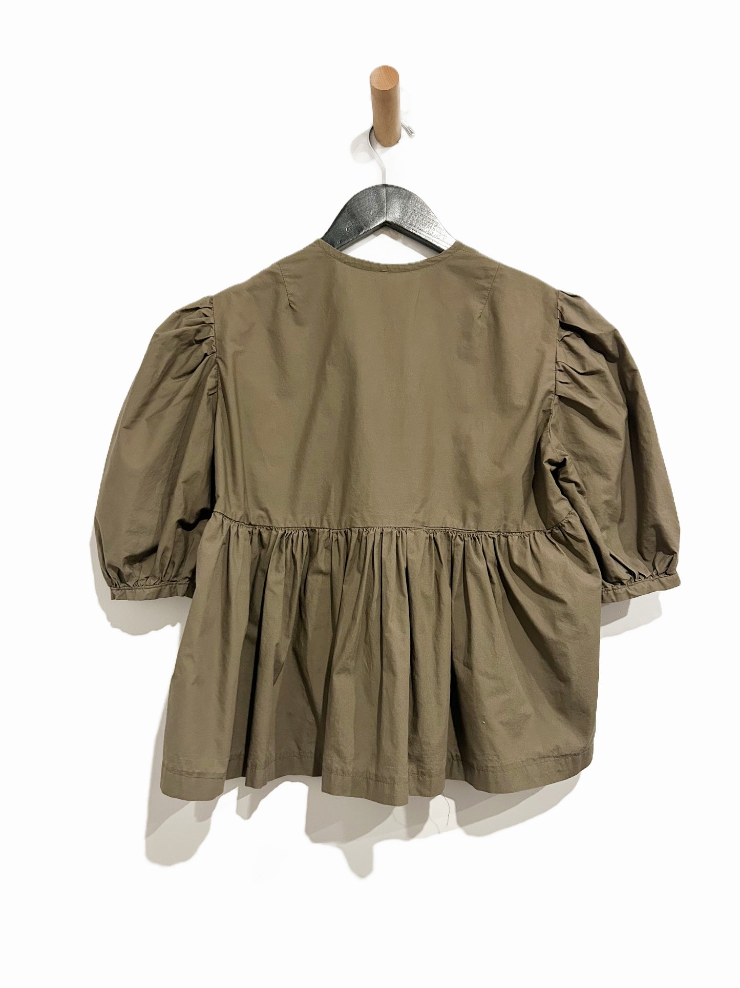 Brown Button Front Puff Sleeve Blouse