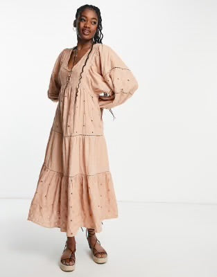 Asos Design Pink Floral Eyelet Maxi Dress - 4