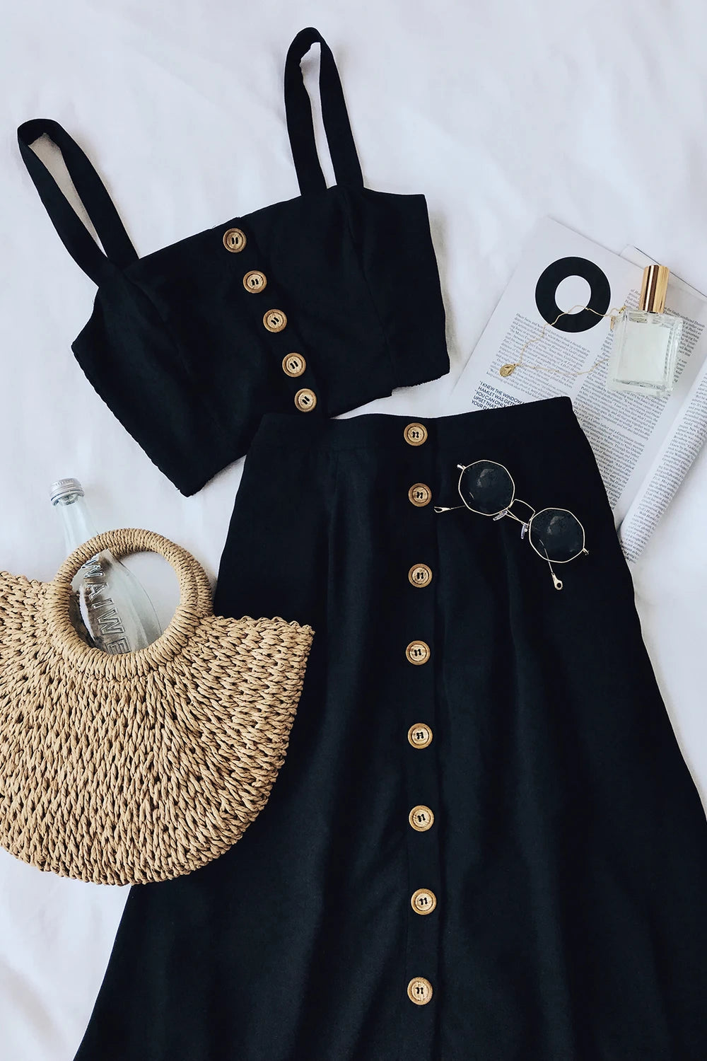 Lulus Black Button Front Midi Skirt Set - Small