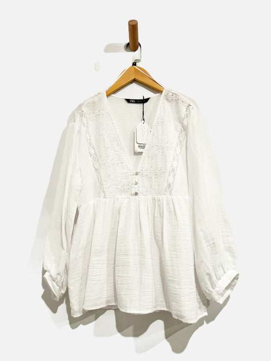 Zara White Embroidered Blouse - Small