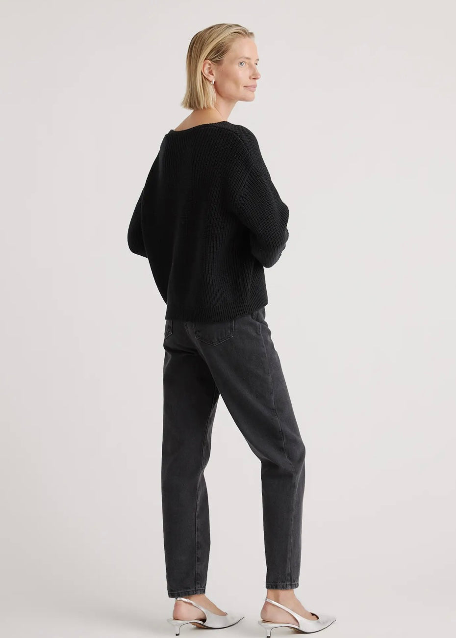 Quince Black Fisherman V-Neck Sweater - Medium