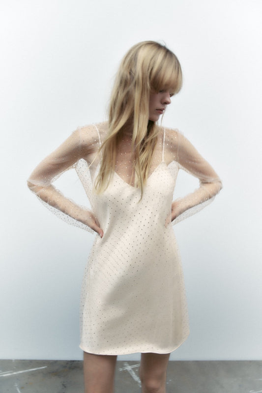 Zara White Rhinestone Sheer Mini Dress - Large