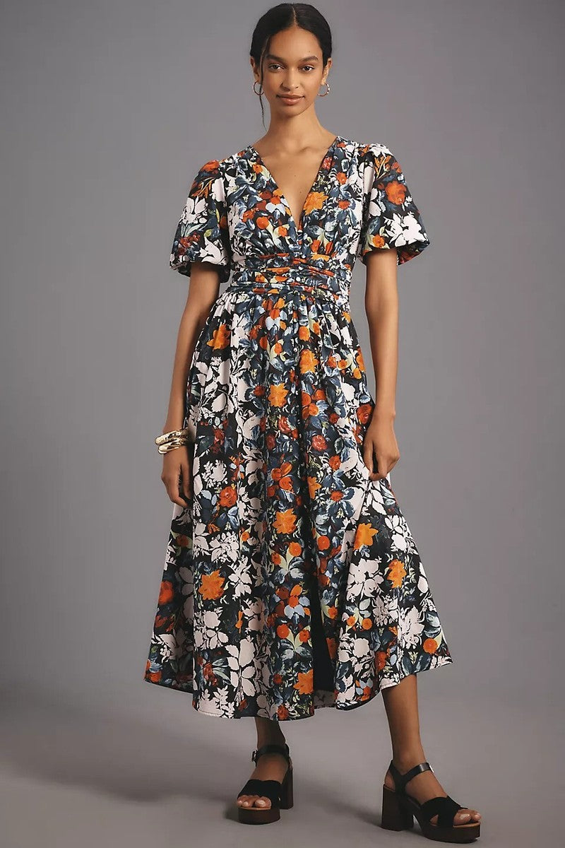Anthropologie Black Floral Puff Sleeve Midi Dress - Small