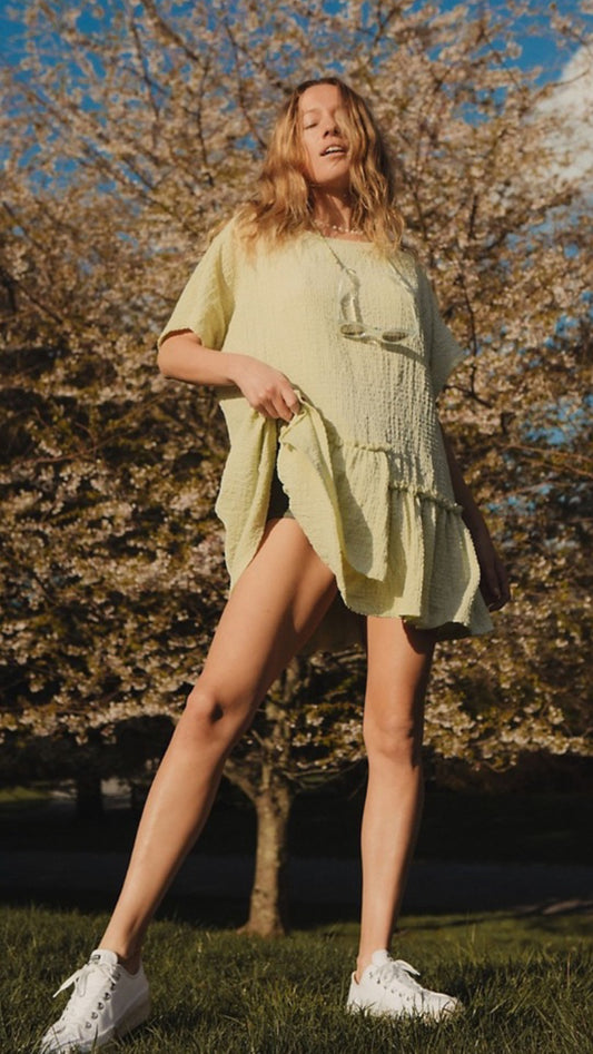 Free People Beach Green SS Ruffle Mini Dress - Small