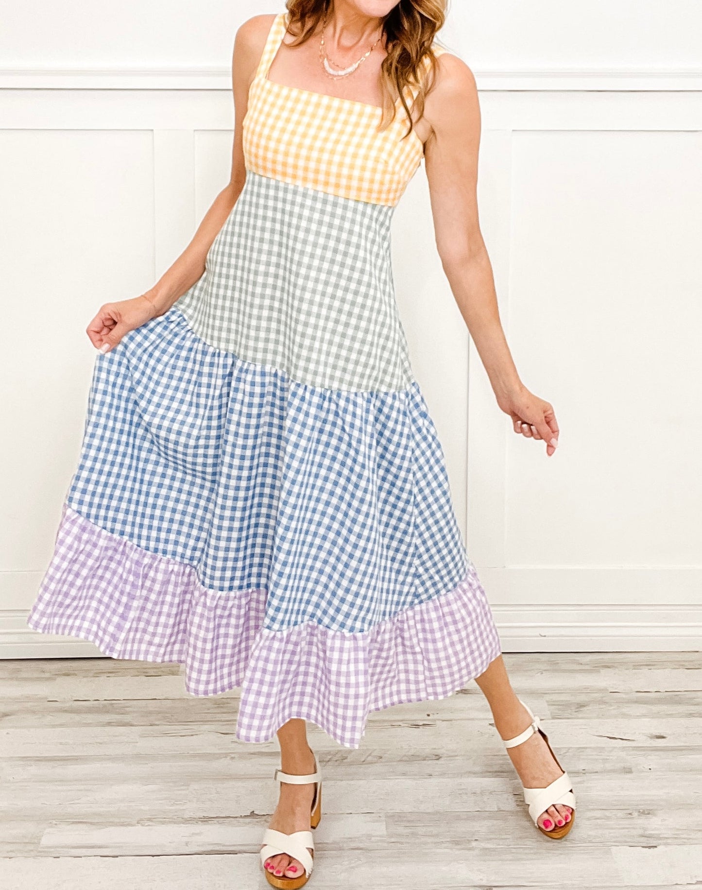 Bibi Colorful Gingham Tiered Maxi Dress - Large