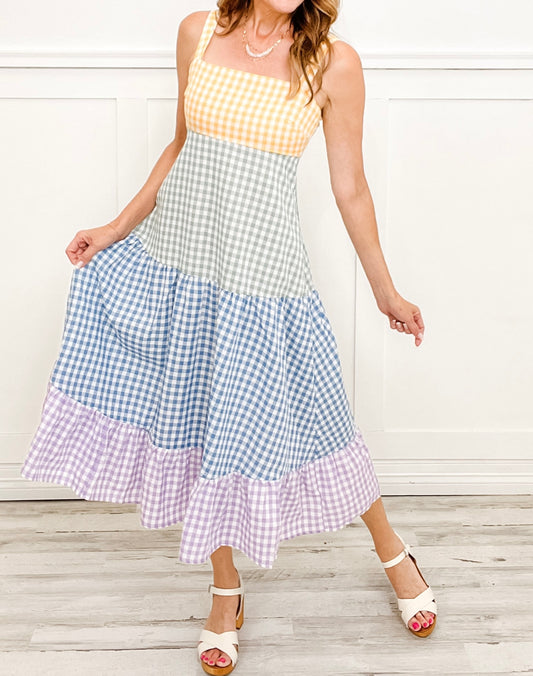 Bibi Colorful Gingham Tiered Maxi Dress - Large