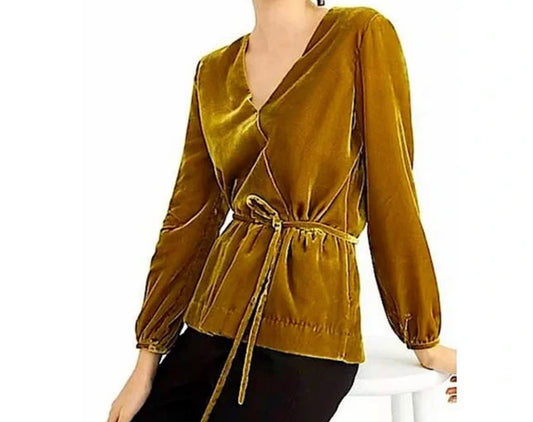 J.Crew Mustard Yellow Velvet Faux Wrap Top - 4