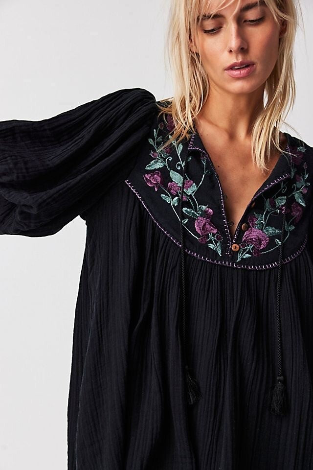 Free People Black Embroidered Mini Dress - XS