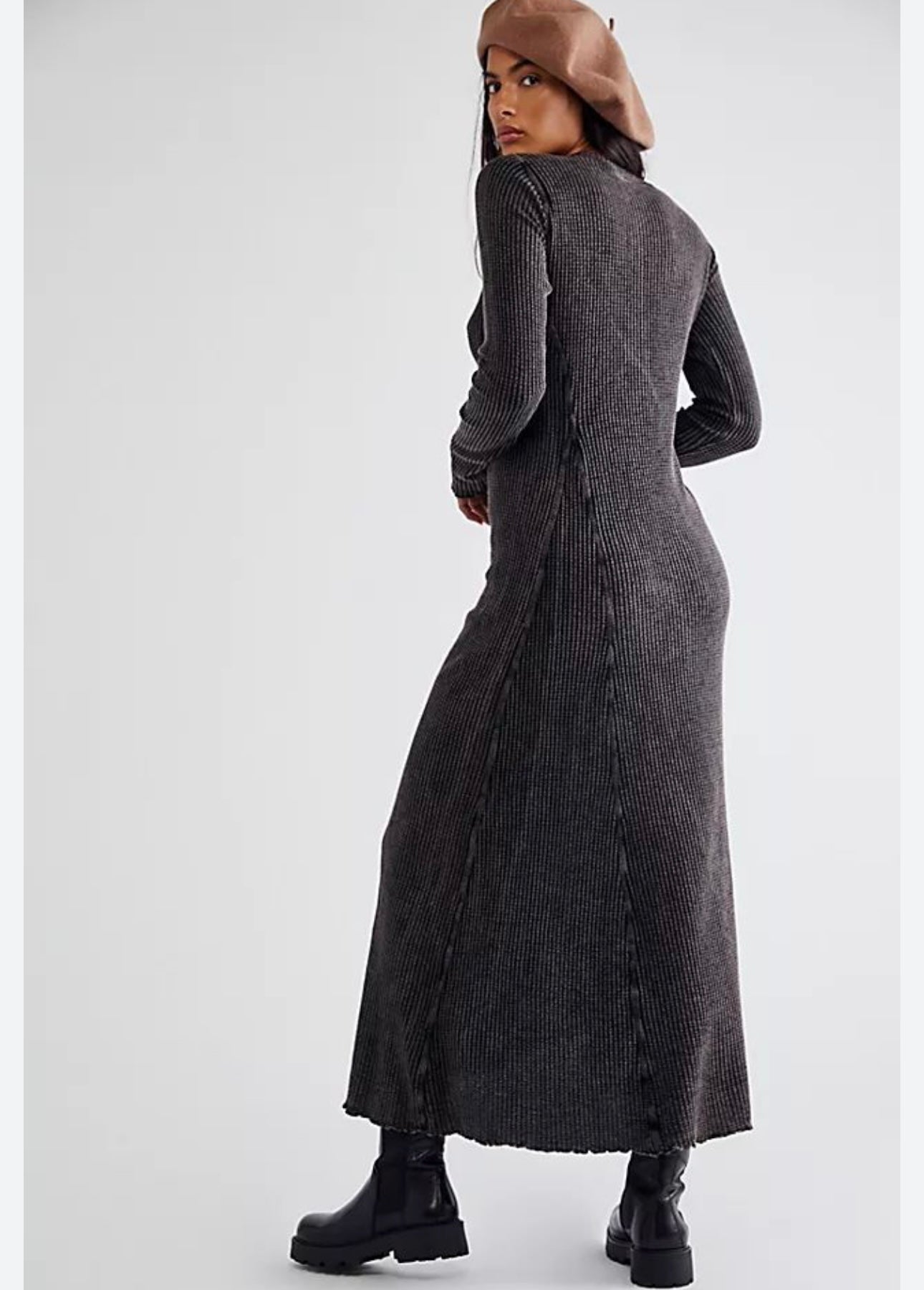 Free People One Natasha Thermal Gray Waffle Knit Maxi Dress - S/M