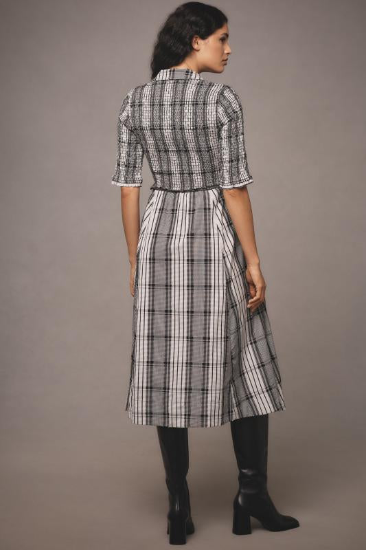 Anthropologie Maeve Black and White Plaid Smocked Maxi Dress - Small