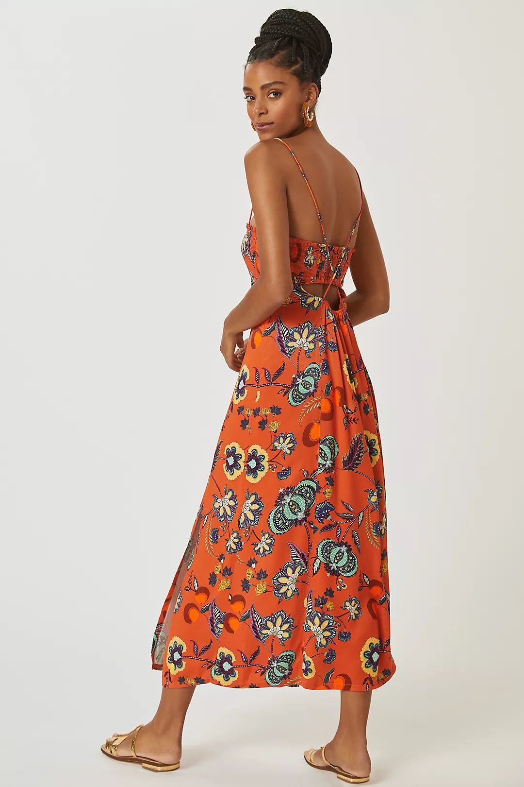 Anthropologie Maeve Orange Floral Midi Dress - XXS