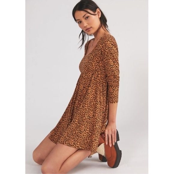 Anthropologie Daily Practice Square Neck Leopard Print Mini Dress Size Small