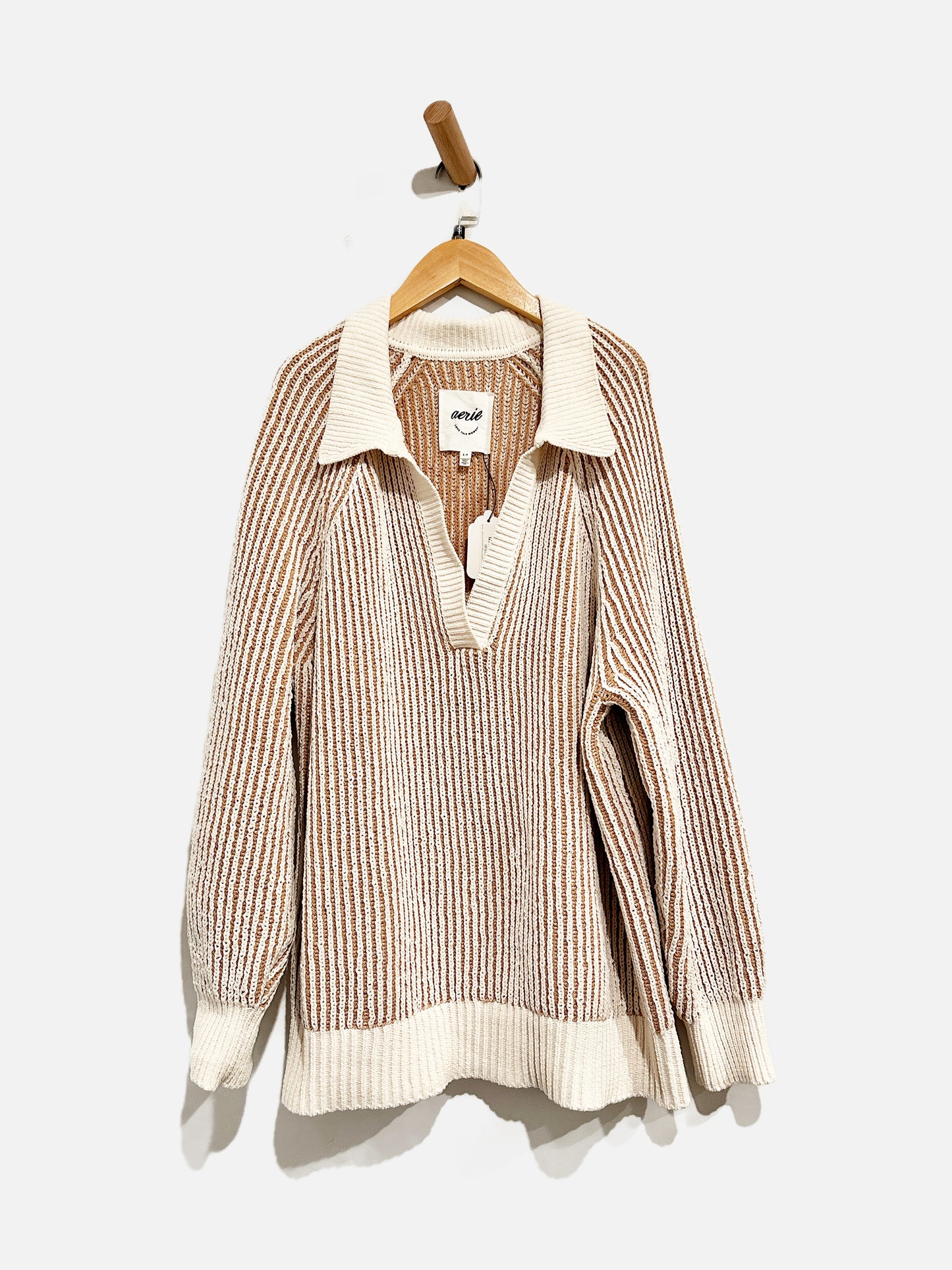 Aerie Brown and White Stripe Textured Pullover - Small