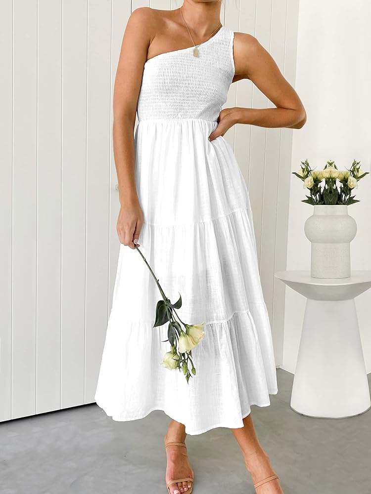 Anrabess White One Shoulder Tiered Dress