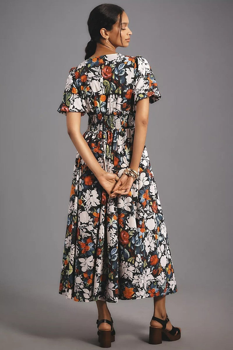 Anthropologie Black Floral Puff Sleeve Midi Dress - Small