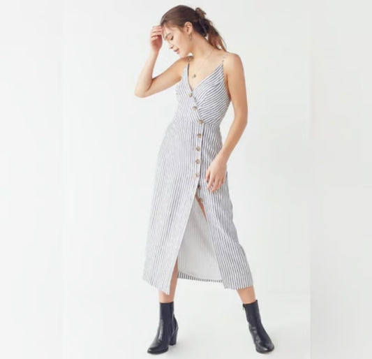 Urban Outfitters Gray and White Stripe Button Down Dress - Small