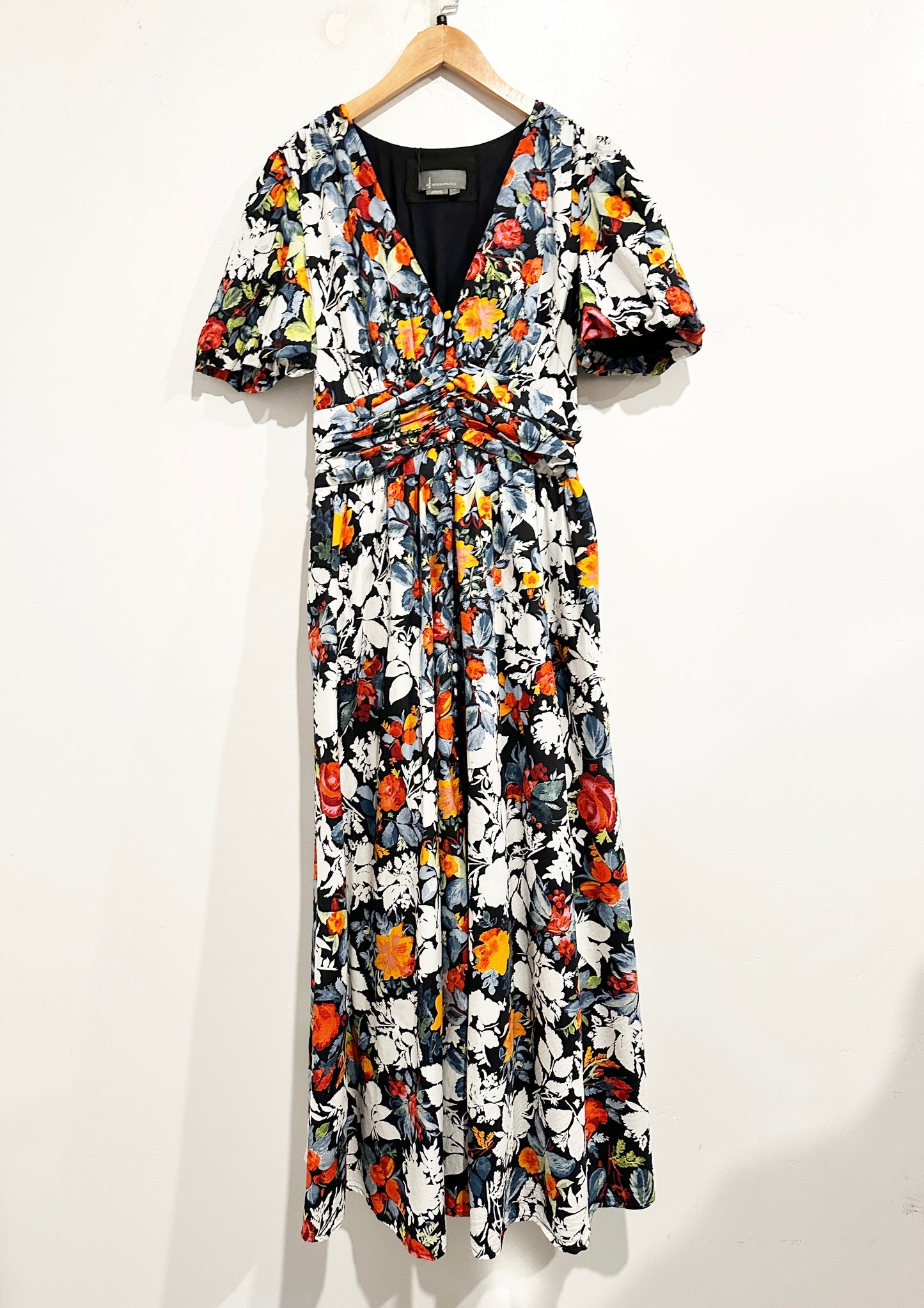 Anthropologie Black Floral Puff Sleeve Midi Dress - Small