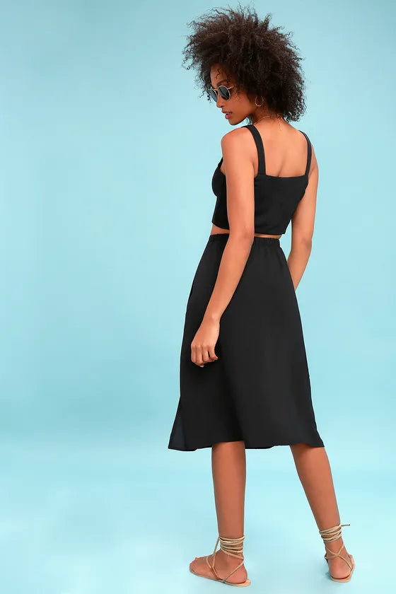 Lulus Black Button Front Midi Skirt Set - Small