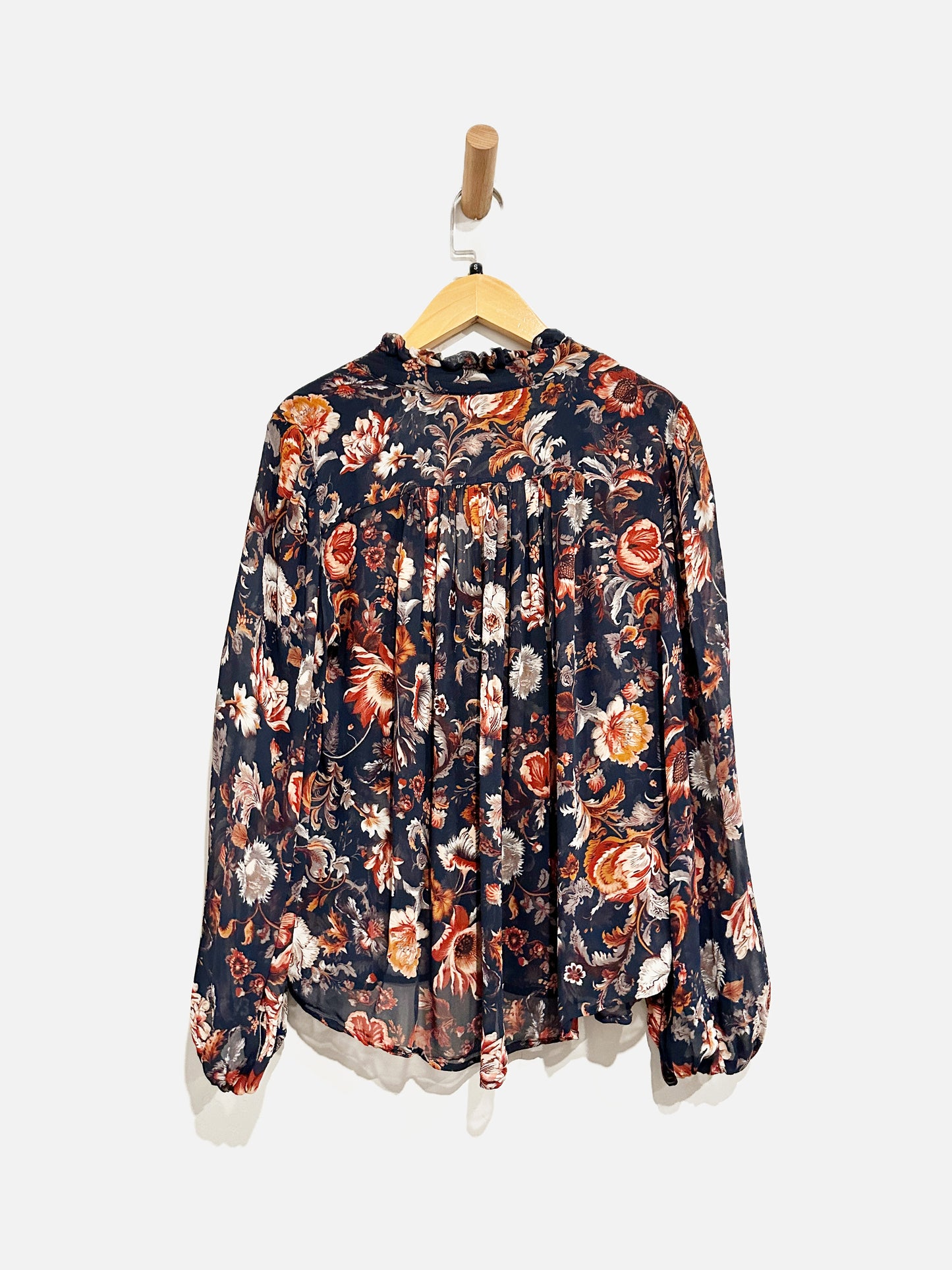 Anthropologie Navy and Red Floral Long Sleeve Blouse - Small