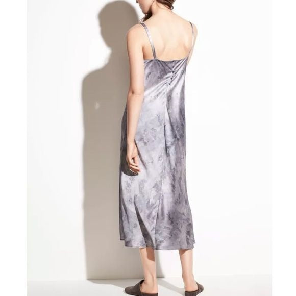 Vince Watercolor Marble Silk-Satin Cami Midi Dress Size Small