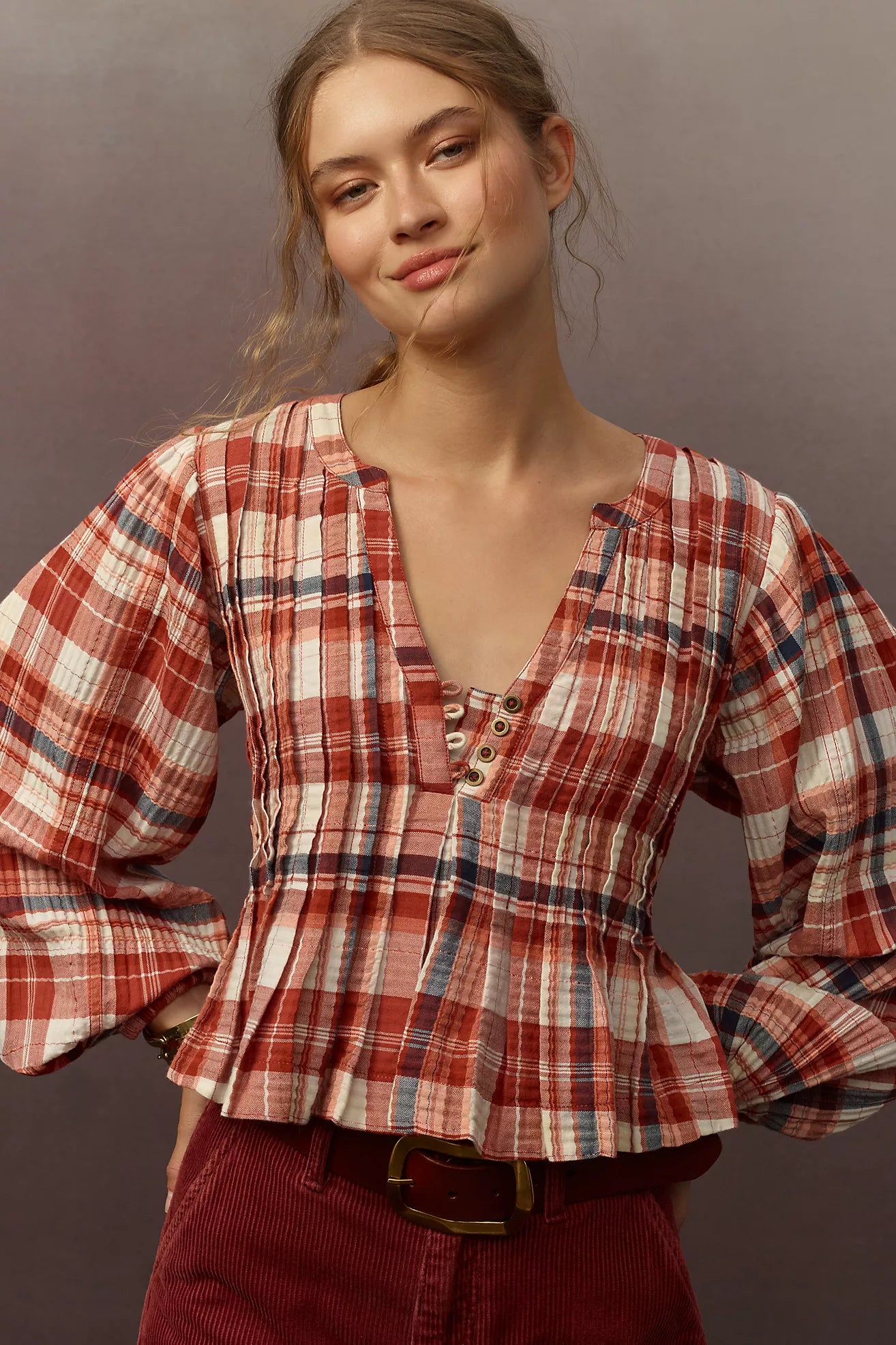 Anthropologie Pilcro Red Plaid Button Front Blouse - Medium