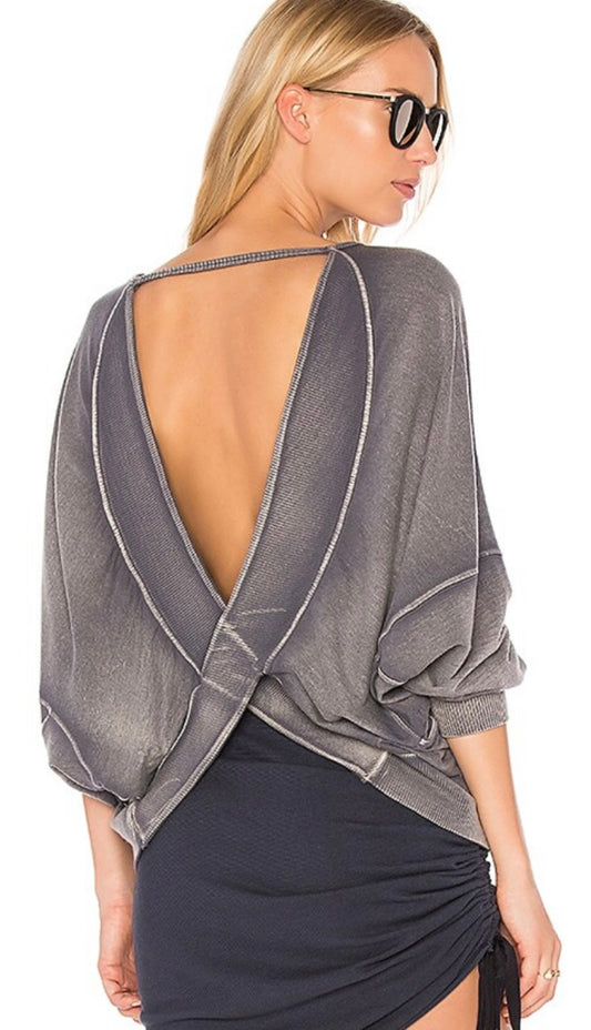 Free People Back it Up Gray Pullover Cut Out Sweatshirt -XS