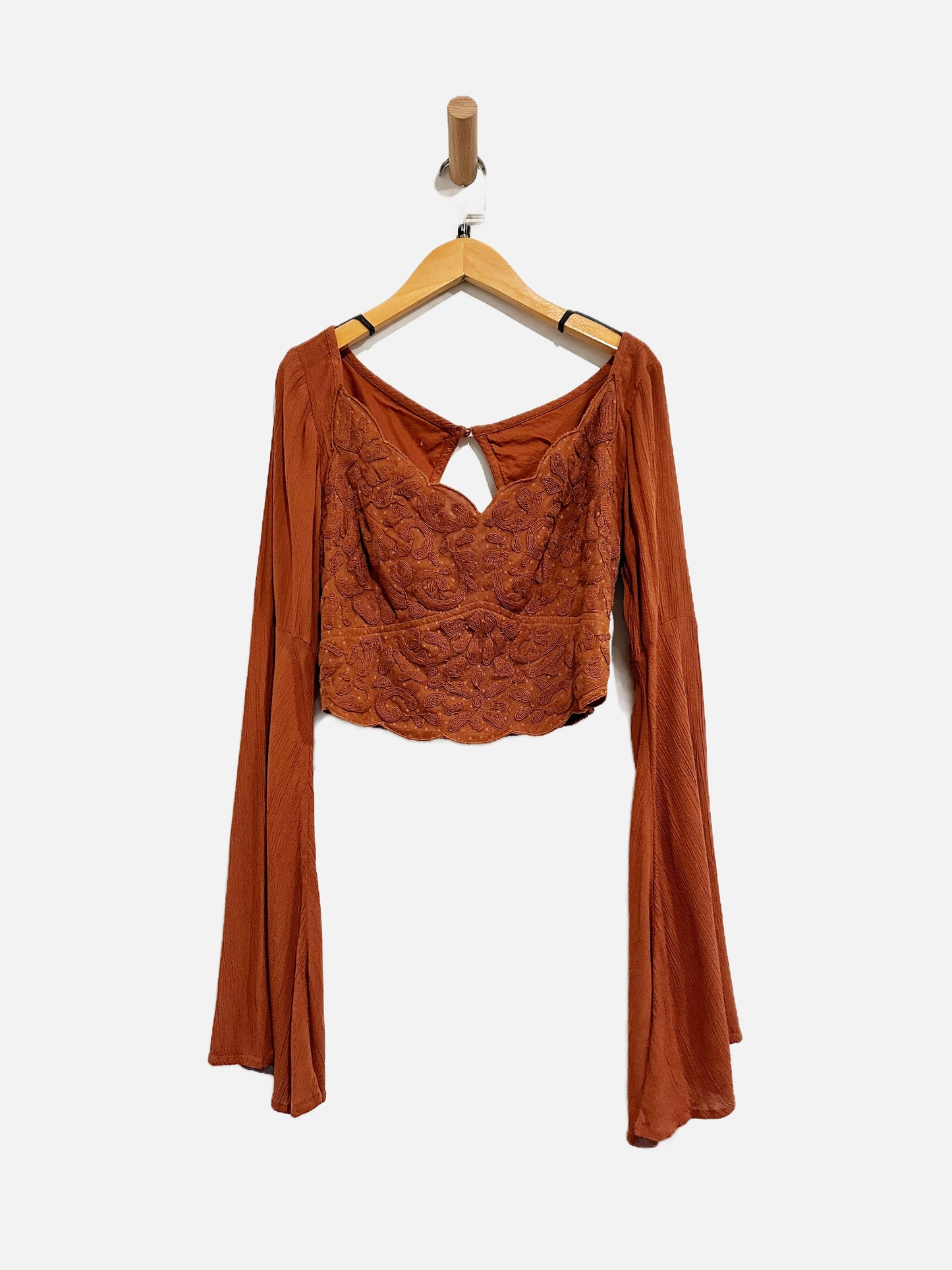 Shyanne Rust Lace Floral Bell Sleeve Blouse - Medium