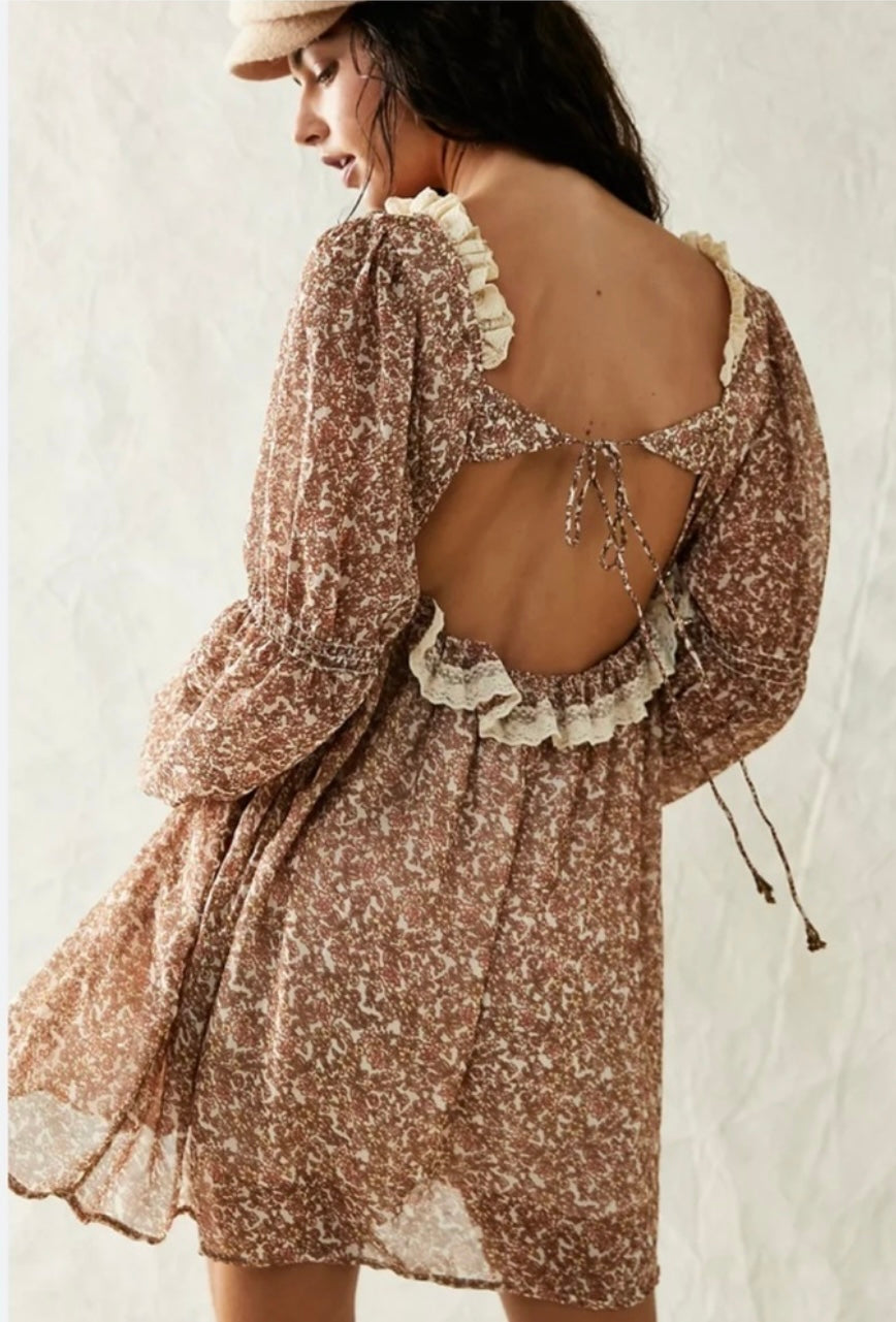 Free People NWT Pennie Brown Floral Lace Trim Dress - XS