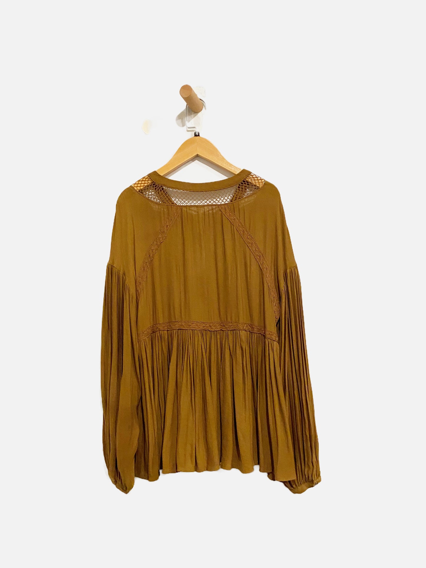Free People Brown Lace Inset Swing Top - XS