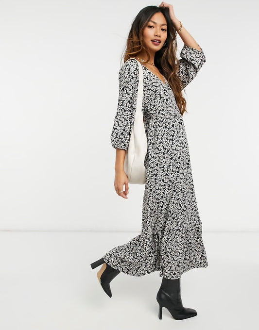 MNG Black Floral Faux Wrap Midi Dress - 8