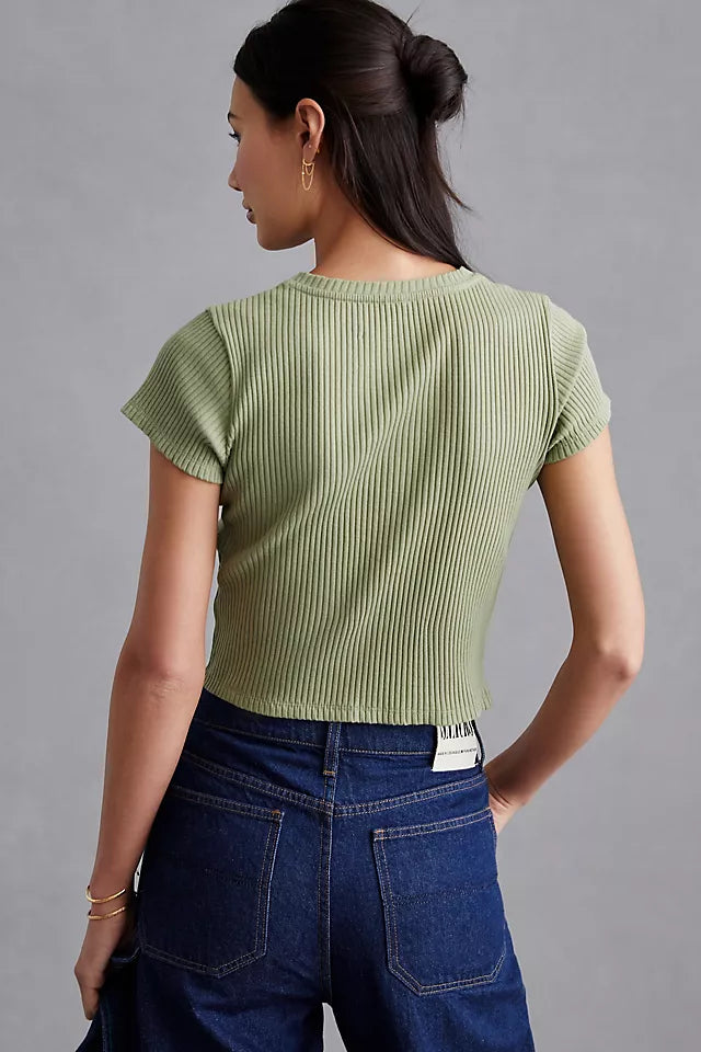Anthropologie Green Ribbed SS Top - Large