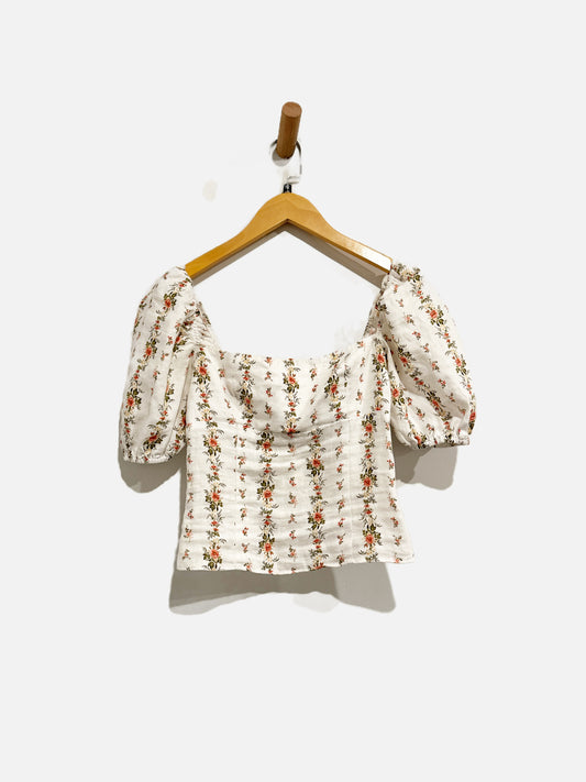 Reformation White Floral Puff Sleeve Linen Top - 2