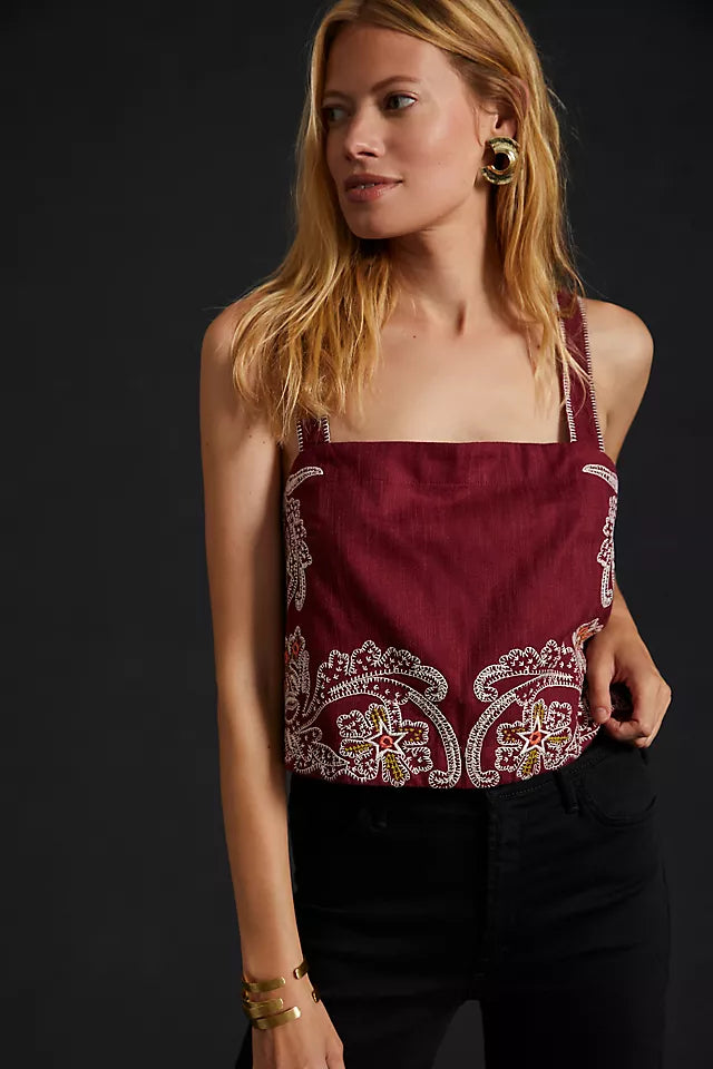 Anthropologie Maroon Embroidered Open Back Tank - XXS