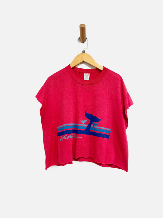 $$ Jerzees Vintage Pink Whale Graphic Crop Top - Large