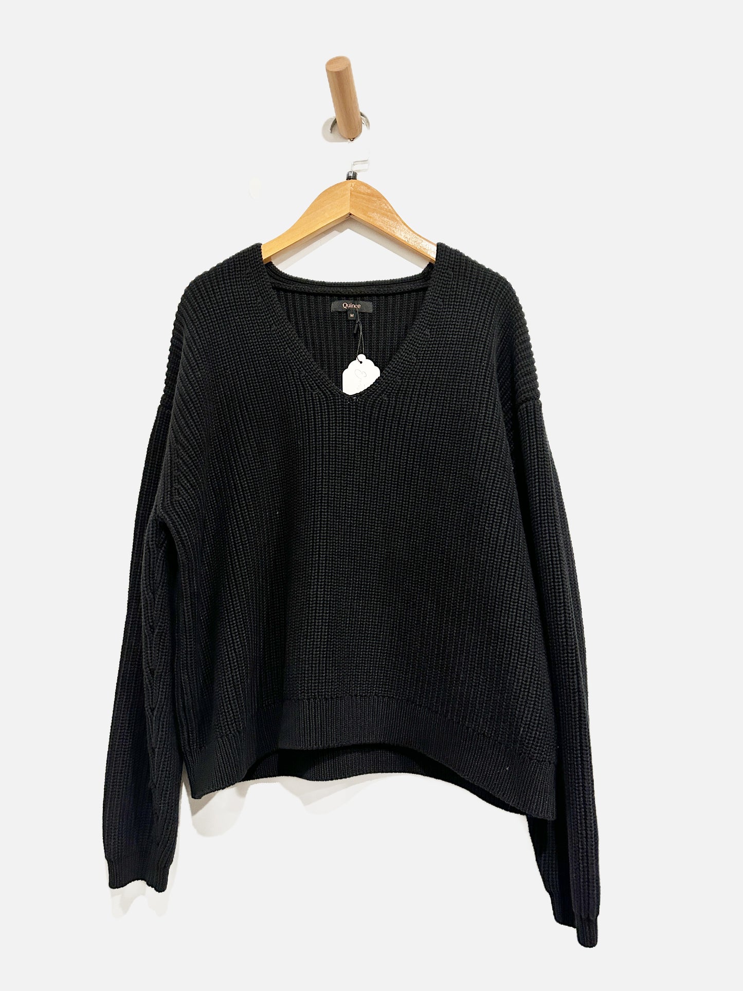 Quince Black Fisherman V-Neck Sweater - Medium