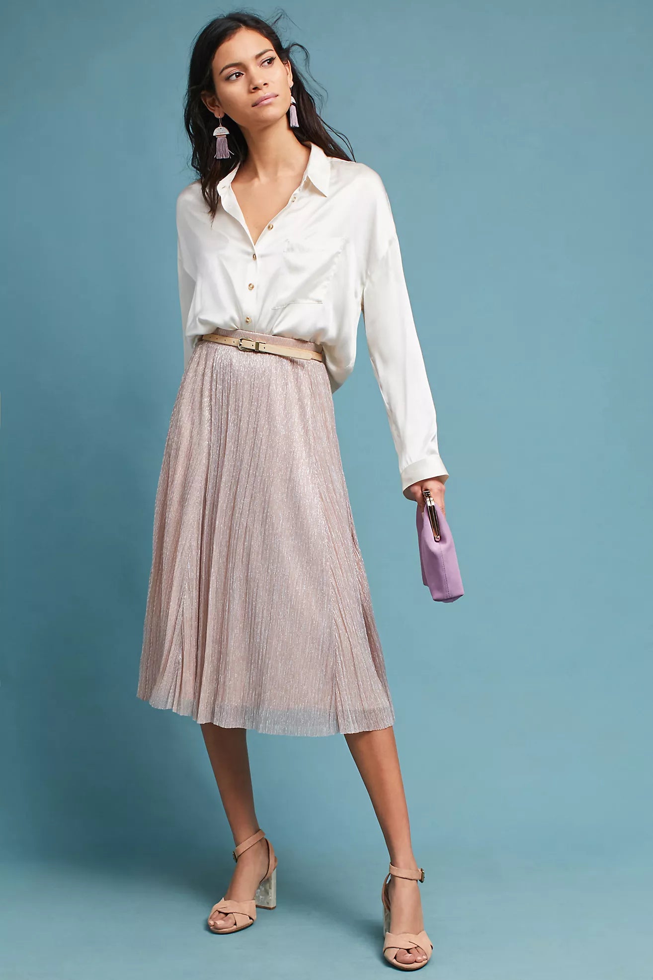 Anthropologie Maeve Pink Lurex Pleated Midi Skirt -XXS