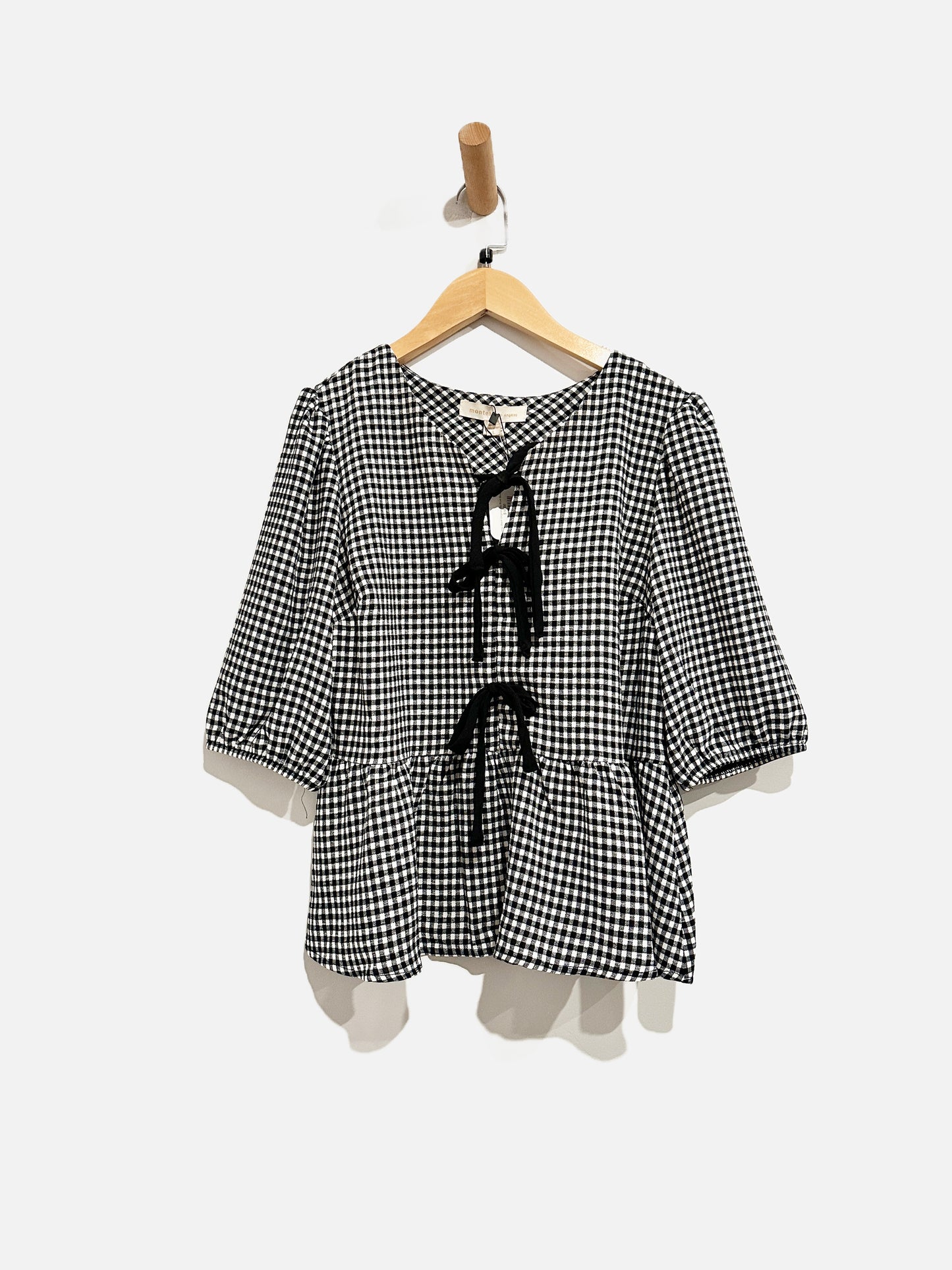 Monteau NWT Black Gingham Tie Front Blouse - Large