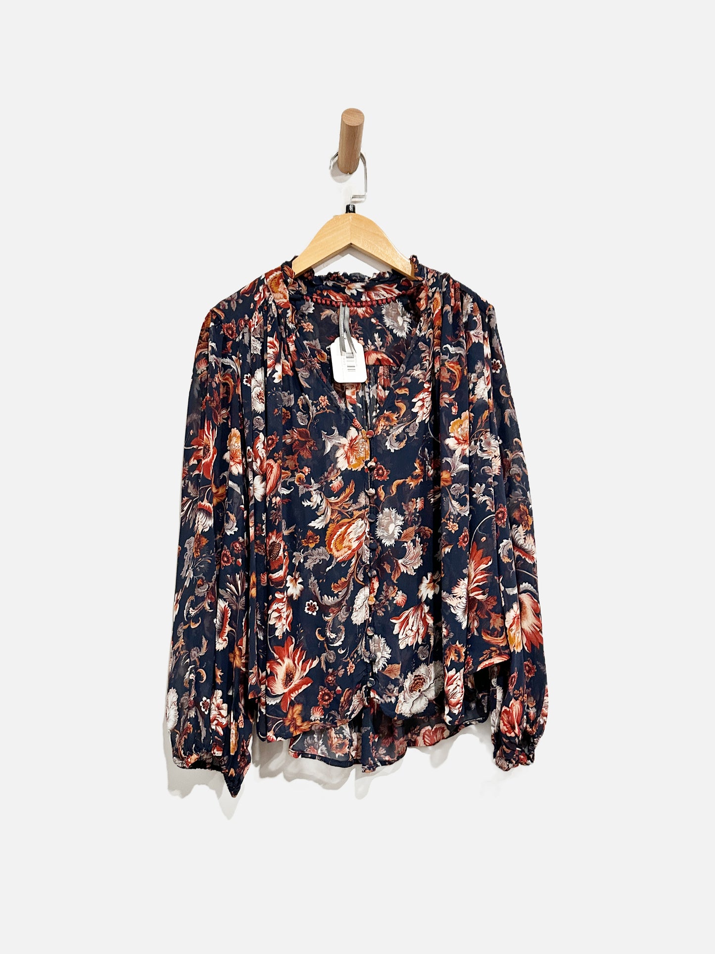 Anthropologie Navy and Red Floral Long Sleeve Blouse - Small