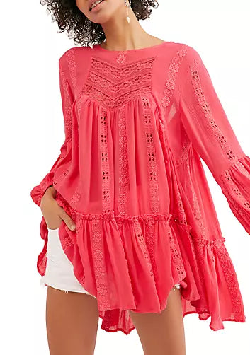 Free People Kiss Kiss Pink Eyelet Tunic - Medium